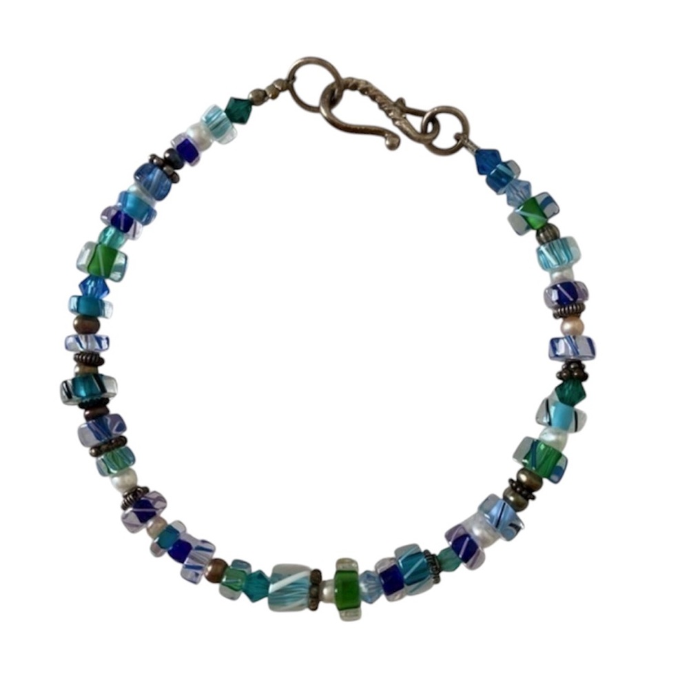 925 Sterling Silver Cerulean Turquoise Blue Green Handmade Beaded Bracelet NEW